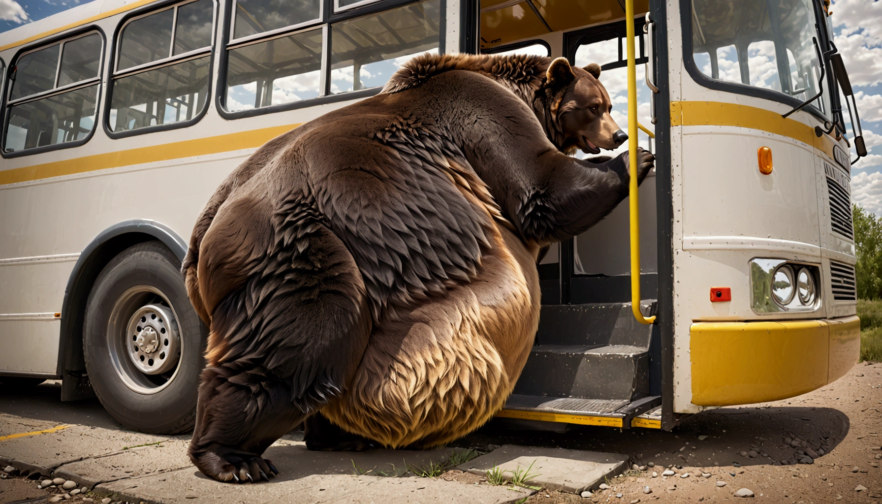 A massive grizzly bear with an unbelievably extremely massive belly, so heavy it drags along the ground, struggles to fit through the narrow doorway of a bus. Its belly presses tightly against the edges of the frame, bulging slightly as it slowly pushes forward, causing the bus to creak under the strain. The bear's fur brushes against the door as it inches through, its sheer size making the task difficult but not impossible, creating a tense yet humorous moment.