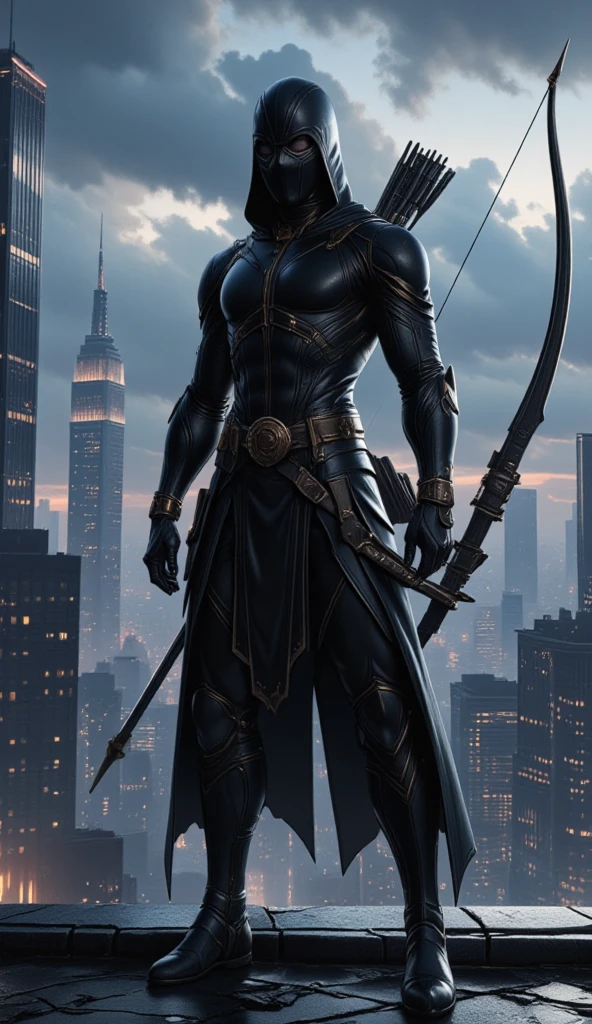 A full-body image of a muscular adult male.black leather full-body image 、face mask and hood, a hooded person in invisible armor . wears leather armor, Tights.epic ninja suit, rogue.Leather fit to cover the whole body. smooth leather .Boy age Assassin , stealth suit , cyberpunk assassin , stand on the roof of a skyscraper. . black night . Dark atmosphere .Low light.Weak lights cast dramatic shadows. Weird cyberpunk atmosphere . cyberpunk city. .whole body image.Handheld composite mechanical giant bow.full body photo.