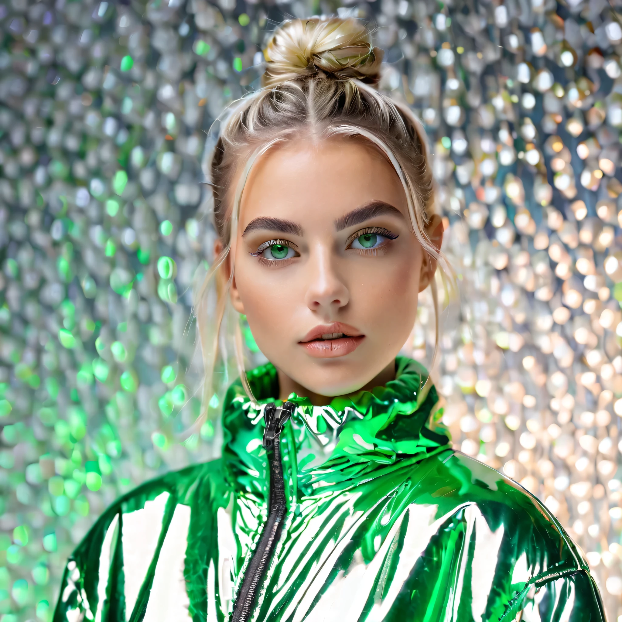 An ultra-realistic and highly conceptual portrait of a stylish AI influencer. She has fair skin, light blonde hair styled in two buns with loose strands framing her face (inspired by the reference style), and vibrant green eyes that captivate the viewer. She is wearing a metallic silver puffer jacket with a modern and fashionable design, reflecting a chic and futuristic aesthetic. The background is a studio white, diffused lighting that highlights her features, focusing entirely on her face and upper body. Her makeup is flawless, enhancing her green eyes and lips with a natural yet glamorous look. The composition is perfect for an Instagram profile picture, exuding confidence, style, and digital sophistication, ideal for attracting and engaging followers.