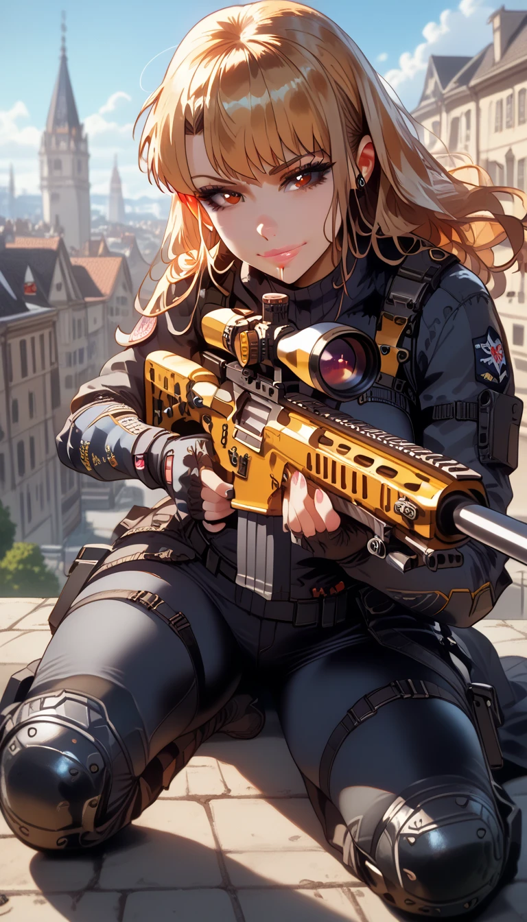 ultra-detailed, 1girl, solo, aika, ((masterpiece)), (best quality), (highres), 16K, long hair, tactical clothes, black thong, knee pads, thighhighs, boots, busty body, large breasts, showcasing cleavage, legs, hips, (holding Sniper Rifle), looking at viewer, smile, detailed face, detailed hair, detailed full body, rooftop background