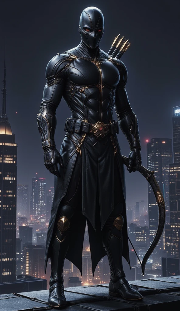 A full-body image of a muscular adult male.black leather full-body image 、and hood, a hooded person in invisible armor . wears leather armor, Tights.epic ninja suit, rogue.Leather fit to cover the whole body. smooth leather .Boy Teenage Assassin , stealth suit , cyberpunk assassin , stand on the roof of a skyscraper. . black night . Dark atmosphere .Low light.Weak lights cast dramatic shadows. Weird Another World atmosphere . Another World city. .whole body image.Handheld composite mechanical giant bow.full body photo.