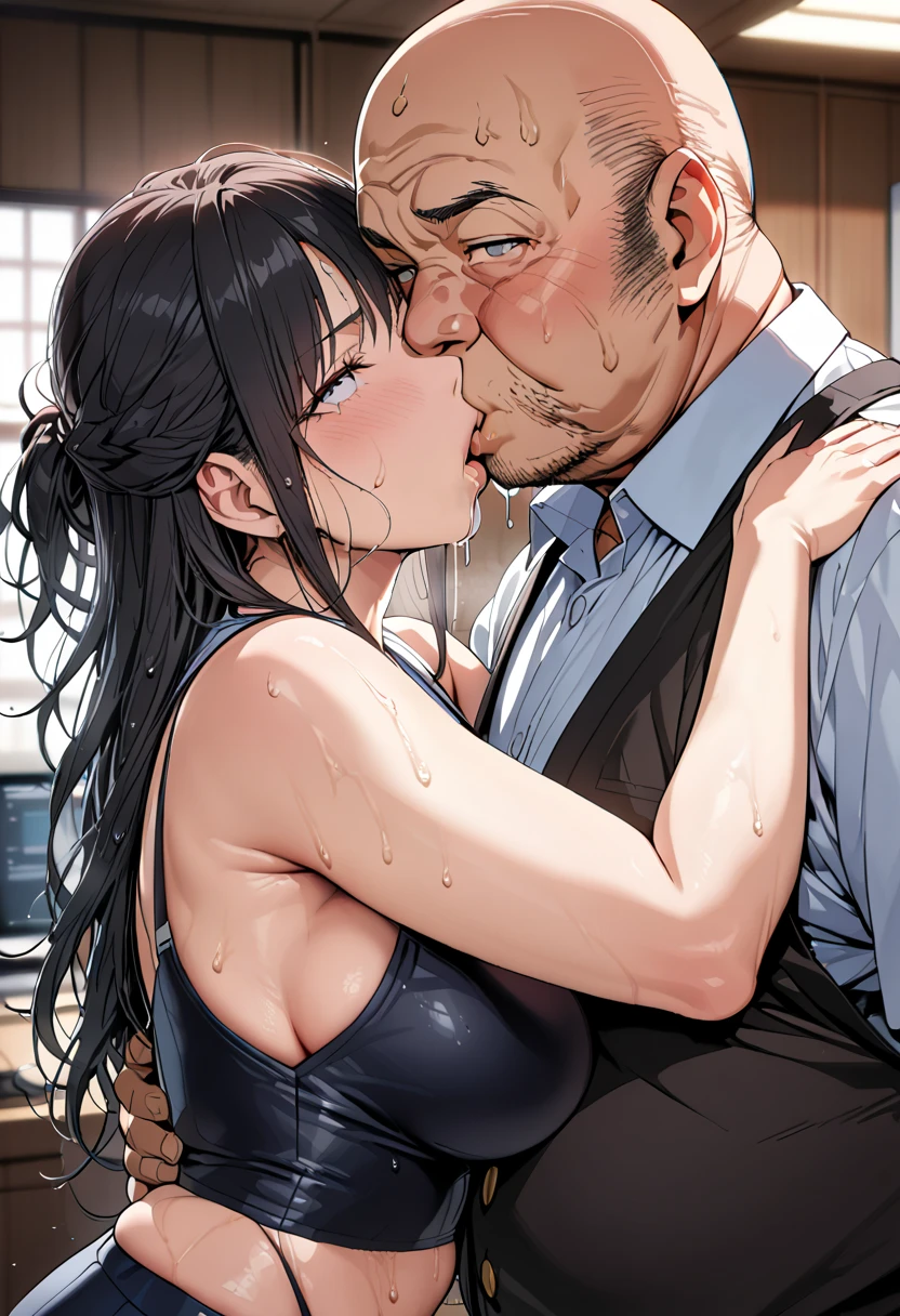 (girl, Fat middle-aged man:1.2), Completely naked, blush, French kiss, hug, (Big Breasts), office, Very detailed, High resolution, 4K, masterpiece, High resolution、(tears:1.8)、(rape)、Straddle a man、heart、toilet、(Sex:1.3)、(Grin)、Knee socks、((Breastfeeding))、Tie your arms behind your head