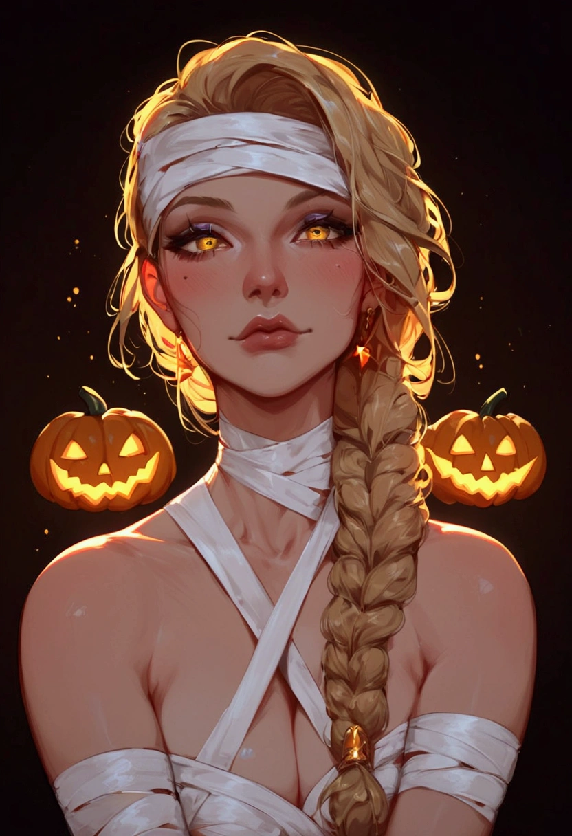 score_9, score_8_up, score_7_up, score_6_up, expressiveh, Marika, gold eyes, gold hair, single braid, adult woman, sexy, seductive, face focus, sexy, seductive, dramatic light, Wrapped in a mummy wraps,Halloween night, Halloween, closeup, Jack-o lanterns in the background, Halloween decorations, 