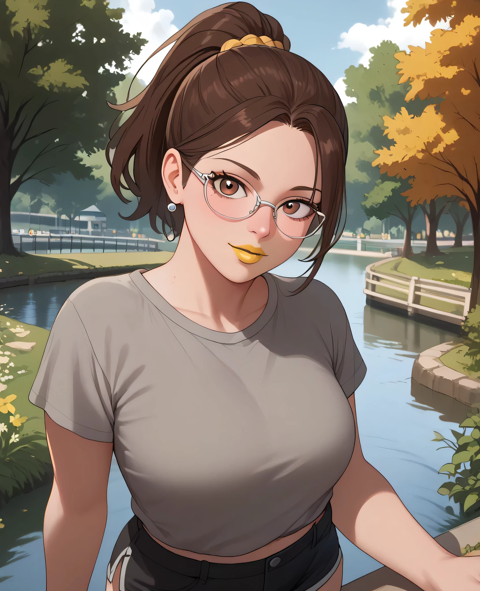 woman, dark brown hair, brown eyes, white skin, oversized gray shirt, black shorts, yellow lipstick, ponytail, looking at viewer, anime style, on top of a bridge over the river, park in the background, standing, glasses, completely gray blouse, full body