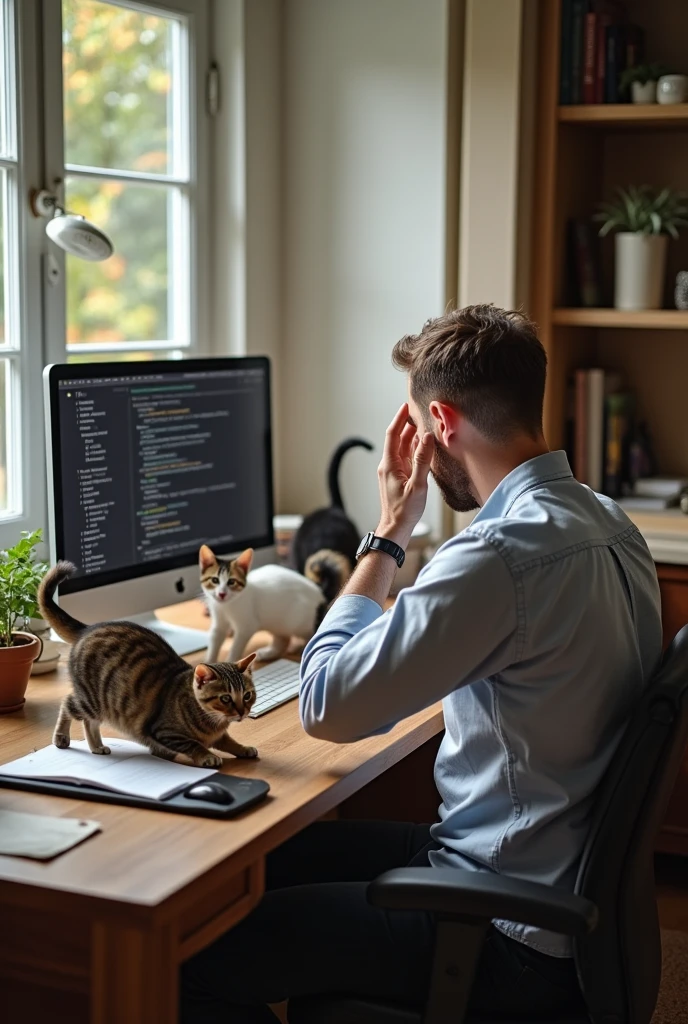  Tabloid Spread Out on the Living Room Floor 、 Man Sitting on the Floor and Looking into the Tabloid 、 Playing Brown Tiger, Black, White, and Calico Cat Riding on Tabloids、Annoying Man's Face 、 Slightly Elegant Afternoon Scenery 、 Middle Class Living Room 。