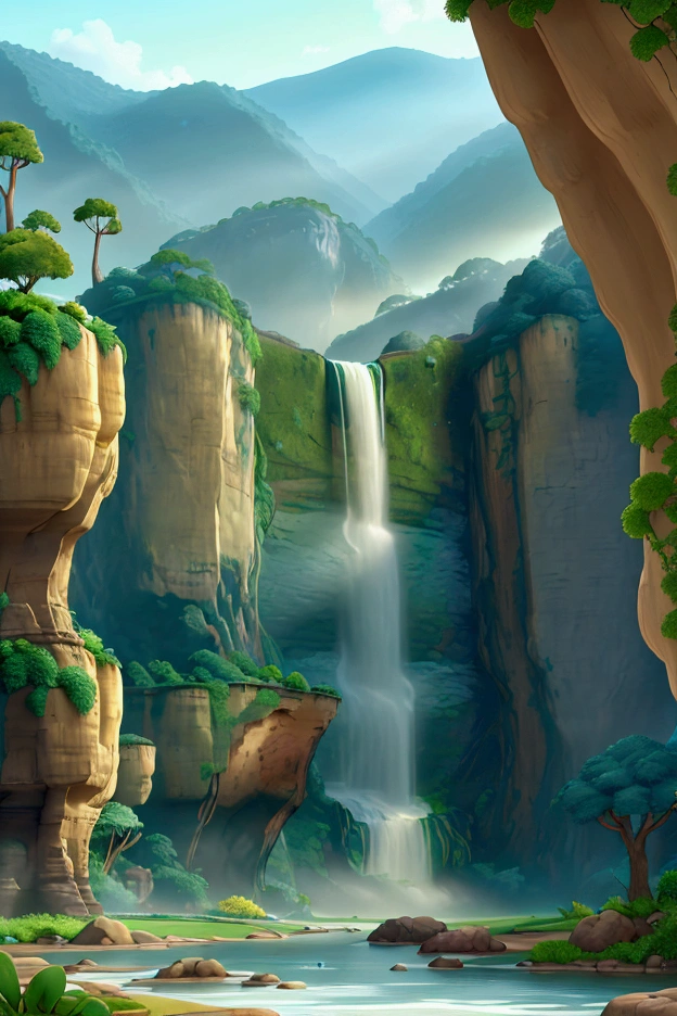 "An illustratively styled expansive valley surrounded by towering cliffs, with dozens of majestic waterfalls cascading down in all directions, their mist creating a shimmering haze under soft sunlight. The valley floor is filled with colossal, vibrant plants, such as enormous ferns and vividly colored oversized flowers, evoking a prehistoric jungle. Dinosaurs of various species roam the scene: massive sauropods grazing peacefully among the foliage, groups of triceratops drinking from crystal-clear pools formed by the waterfalls, and a towering Tyrannosaurus rex standing dramatically atop a rocky outcrop in the distance. Pterosaurs with intricate wing patterns soar gracefully through the misty air, some perched on the cliffs. The lighting is warm and ethereal, with sunbeams filtering through the mist and accentuating the lush greenery and cascading waters. The illustration is rich in detail and texture, emphasizing the vibrant life and awe-inspiring grandeur of a prehistoric world."