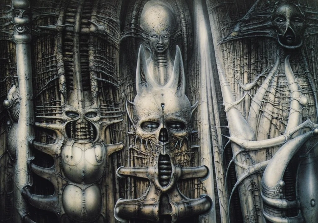 Giger_style, Create biomechanical tableau with some of the artistic techniques and compositional features used in /“The Tourist/” by H r (Hans Rudie) Giger:
The image is a surrealistic artwork featuring an alien robotics humanoid figures, each with a unique design, surrounded with pipes and gears, set against a background of intricate machinery
The central focus of the image is a nightmarish tableau of two biomechanical heads. They are connected by a network of pipes and tubes that appear to be either feeding them or draining them. The heads themselves are elongated and skeletal, with gaping maws. Their eyes are empty sockets, and their expressions are vacant and emotionless.
 Heads are humanoid but industrial and ivorysh, with pipes and wires integrated throughout their structure. One face appears to be screaming, the other has its mouth open like a maw. They are surrounded by various mechanical doodads and tubes, and blend seamlessly into the background of industrial machinery.The biomechanical heads could have represented some kind of alien creatures, or they could have been machines that had become sentient
Used Airbrushing is a technique for applying paint using a device that sprays a fine mist. It is often used to create smooth, even coats of paint, and it can be used to create very detailed effects. Giger's use of airbrushing in this image creates a hyperrealistic quality to the biomechanical landscape, making it appear even more alien and unsettling. It is also often used to create very smooth and even gradients of color.
The use of a dark palette with blacks, purplish browns, and grays creates a sense of mystery and dread. The dark colors obscure the details of the image, making it difficult for the viewer to see what they are looking at. This ambiguity adds to the unsettling nature of the work. The dark colors also help to emphasize the biomechanical elements in the painting.
The background features even more machinery, including pipes, gears, and cables. 