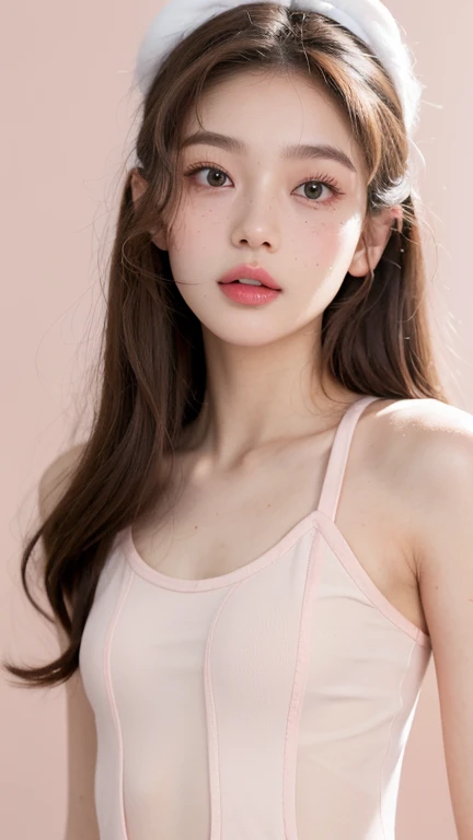 A beautiful woman with white-brown hair, curly at the ends, with two bows on each side of her hair, all her hair white-brown, with a star clip in her hair, light-colored eyes, beautiful, teary eyes, a pretty, upturned nose, teary nose, pink lips, heart and cupid shaped, pale, white skin, with freckles and moles all over her face, soft pink blush on her cheeks, natural pink blush, soft and pink makeup, resembling Yumeko Jabami, while wear a stylish dress YK2, dress style YK2, (big, soft, beautiful breasts), while cosplaying as the character Yumeko Jabami from the anime Kakegurui, looking at the camera, taking a beautiful selfie Con un desnudo, delgado