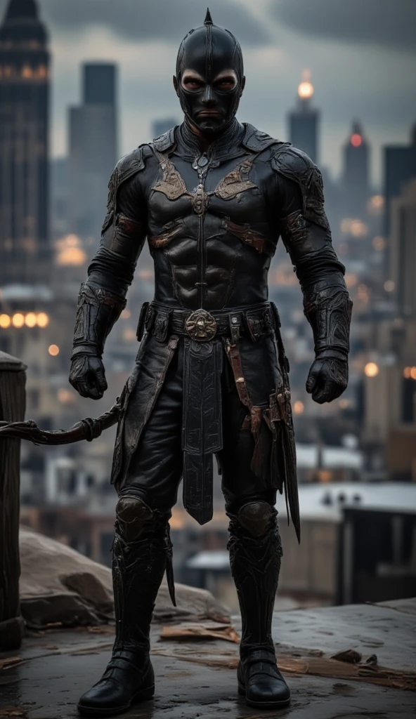 A full-body image of a muscular adult male.black leather full-body image 、and hood, a hooded person in invisible armor . wears leather armor, Tights.epic ninja suit, rogue.Leather fit to cover the whole body. smooth leather .Boy Teenage Assassin , stealth suit , cyberpunk assassin , stand on the roof of a skyscraper. . black night . Dark atmosphere .Low light.Weak lights cast dramatic shadows. Weird Another World atmosphere . Another World city. .whole body image.Handheld composite mechanical giant bow.full body photo.