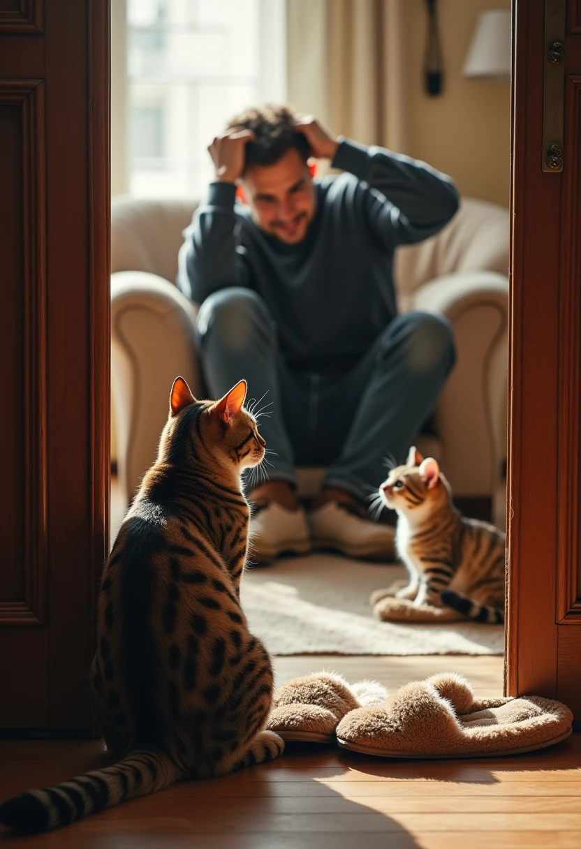  Tabloid Spread Out on the Living Room Floor 、 Man Sitting on the Floor and Looking into the Tabloid 、 Playing Brown Tiger, Black, White, and Calico Cat Riding on Tabloids、Annoying Man's Face 、 Slightly Elegant Afternoon Scenery 、 Middle Class Living Room 。