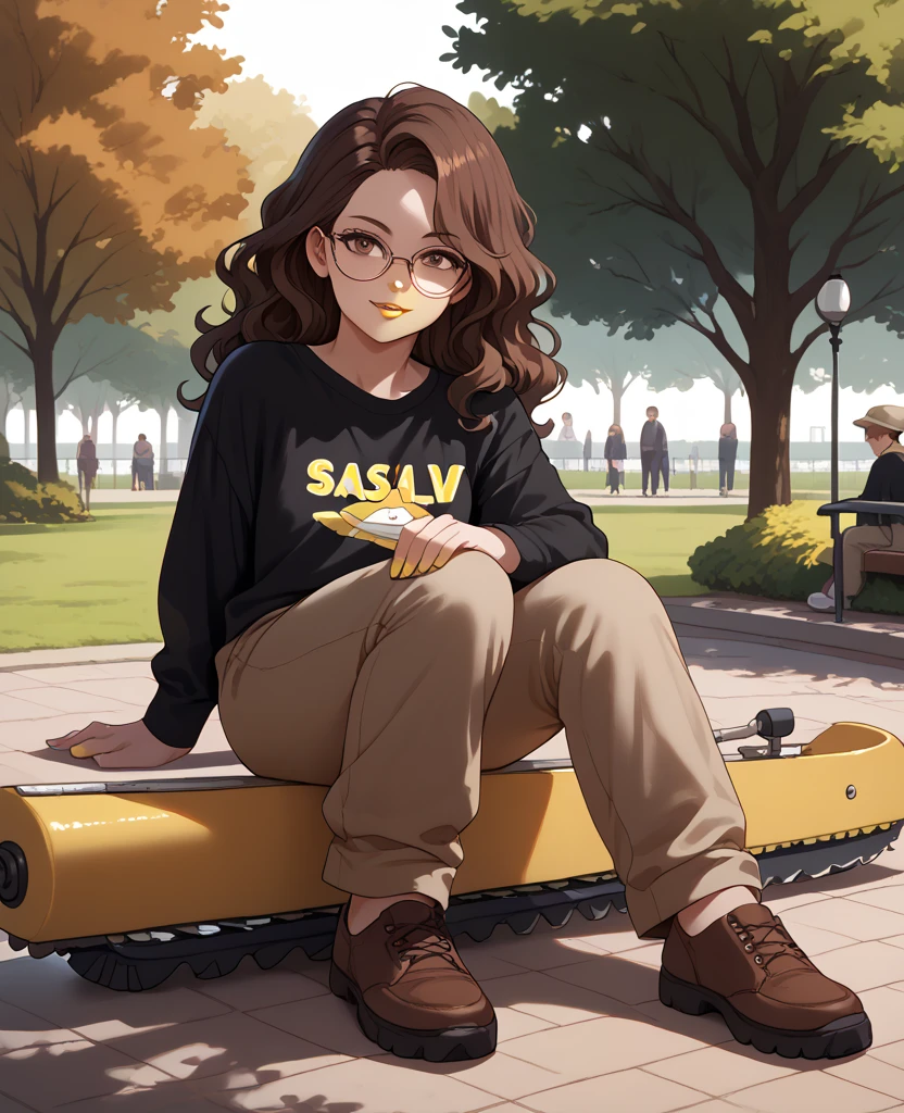 woman, dark brown hair, brown eyes, white skin, oversized black shirt, military pants, yellow lipstick, wavy hair, looking at viewer, anime style, sitting on a seesaw, park in the background, glasses, full body