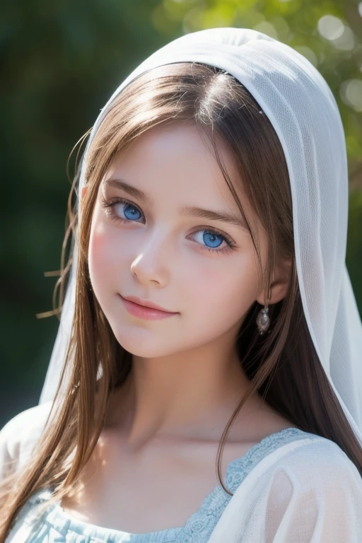twelve year old girl,of fine and delicate beauty. very thin and small, with big purple eyes and porcelain skin so light it was almost translucent.
Dressed in clothes from 1530,pale purple,use a thin tiara with a veil