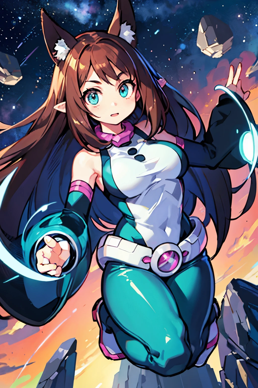 thick outlines, comics, photorealistic , masterpiece:1.2, , 1 girl, Alone, big breasts, , ochako, brown hair with turquoise hair tips, body, belt, sky, levitating rocks , detailed background , detailed face , detailed turquoise eyes , long hair a las piernas, Fox ears, long hair