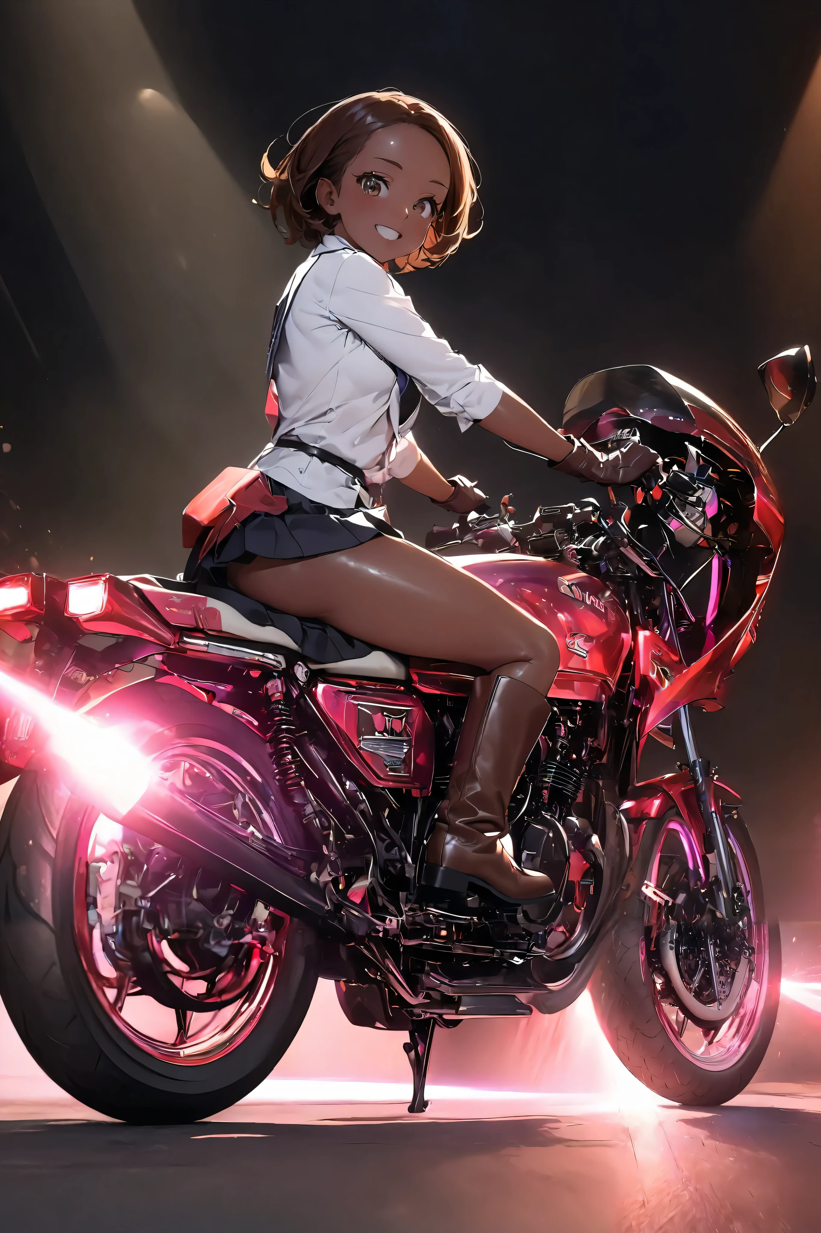 1 High school girl rides a  Motorcycle、  glossy brown skin, small breasts, video,   inviting ,  top quality ,  leather gloves、 perfect finger、  brown boots 、 high res,  movie light effect,  anatomically correct , accurate, 