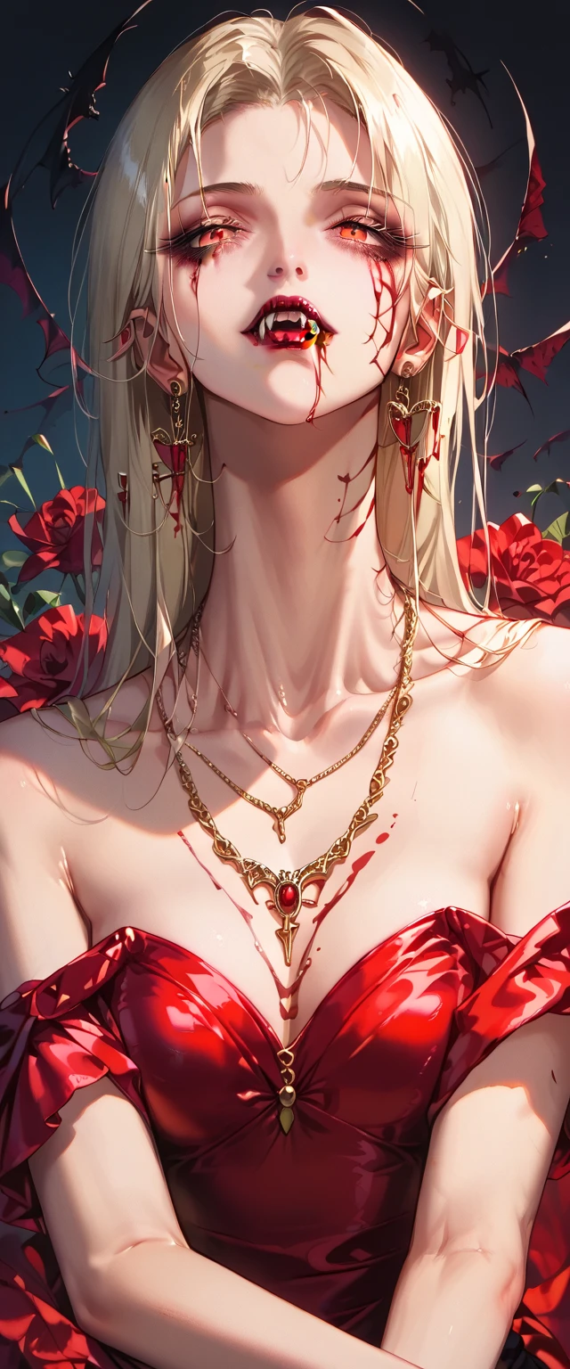 You can see a flat detail of the shoulders, A woman's collarbones and neck , Vampire bite on the neck, blood, has a necklace, nice view, elegant neckline,  elegant dress. Detail shot