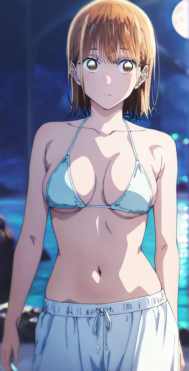   1 girl, Alone, Chinatsu,  Blurred Background,   brown eyes、  bikini、 medium boobs 、sea、night、 clevis on a stone、belly button、 viewers, masterpiece,  top quality,   High Quality ,    Very Refined ,   absurd、seaの中で、moon、night空、 shorts、