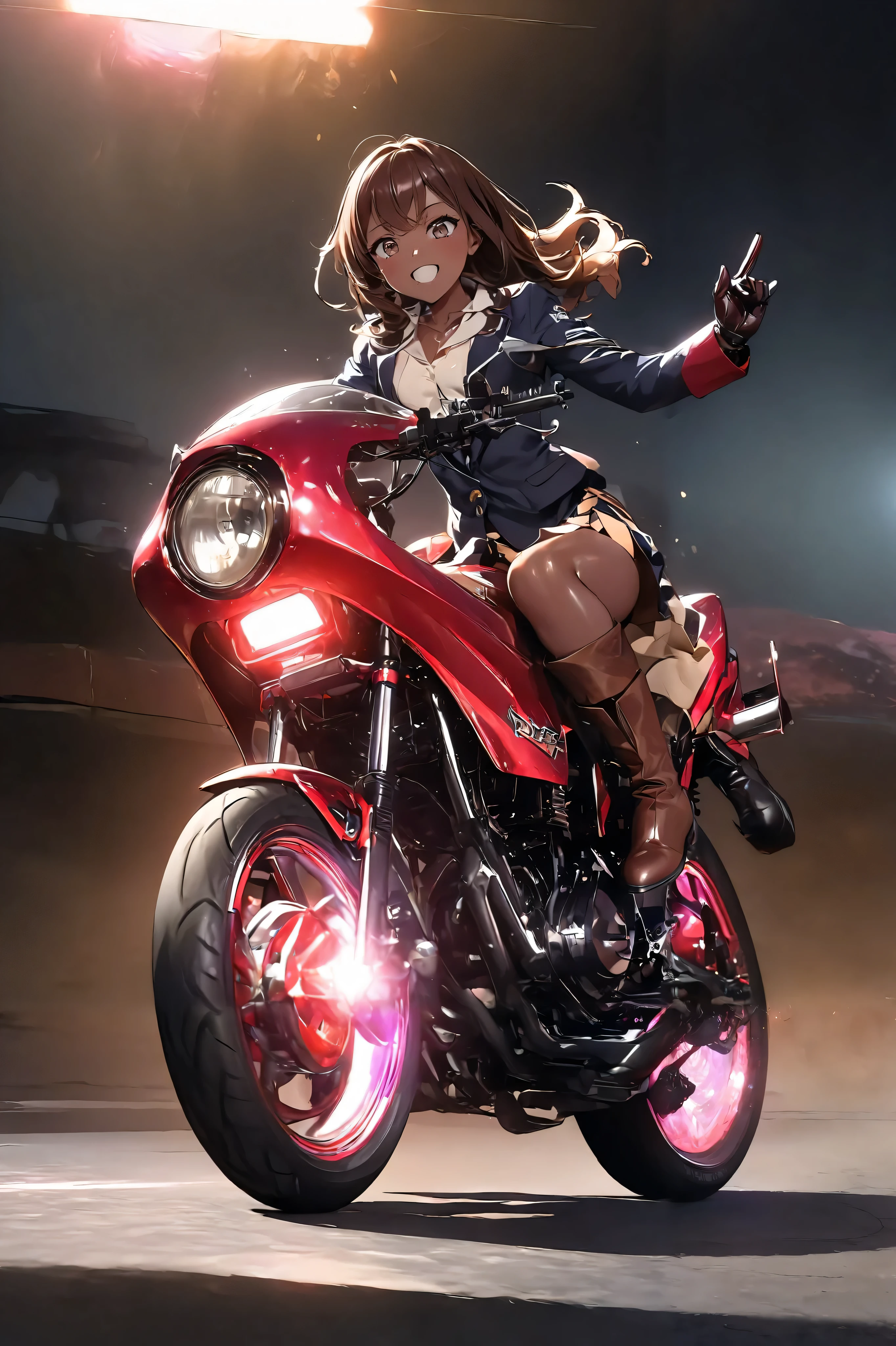 1 High school girl rides a  Motorcycle、  glossy brown skin, small breasts, video,   inviting ,  top quality ,  leather gloves、 perfect finger、  brown boots 、 high res,  movie light effect,  anatomically correct , accurate, 