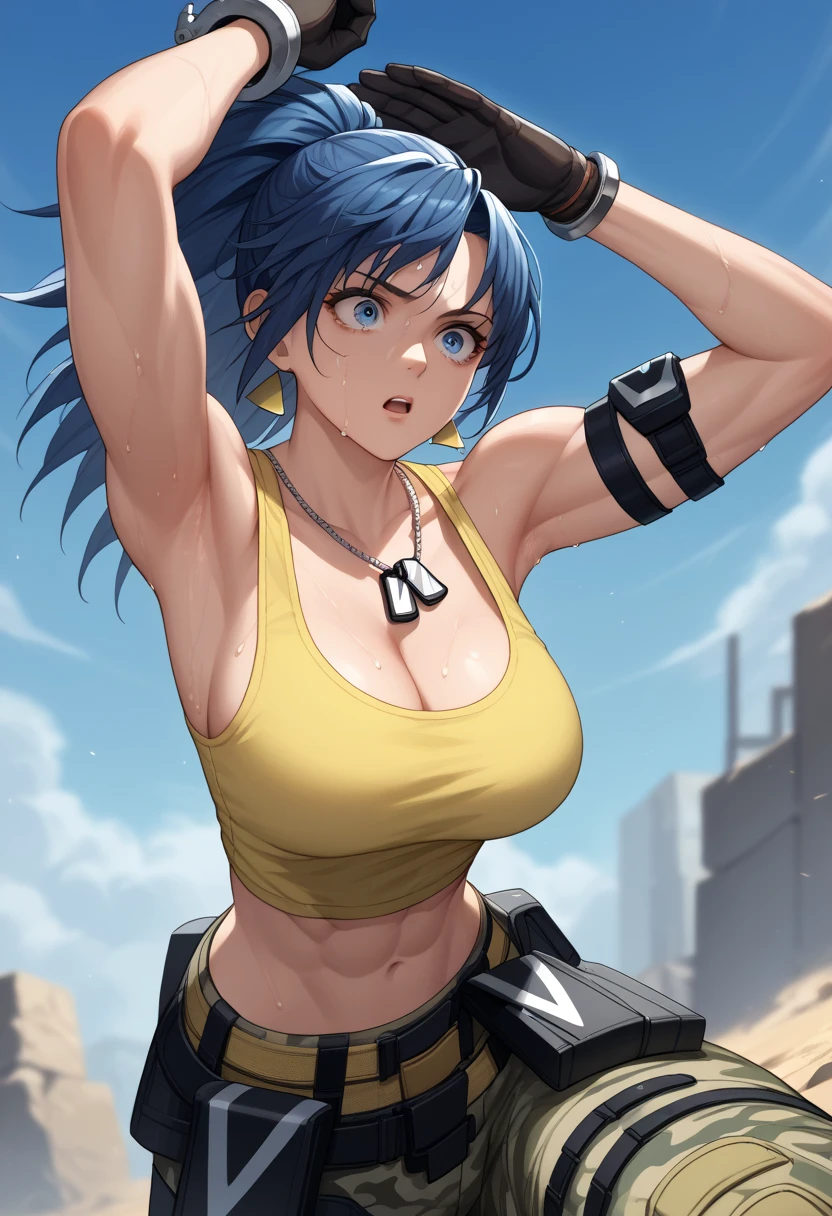 score_9, score_8_up, score_7_up, source_anime, solo, 1girl, Leona Heidern, dark yellow tank top, midriff, cleavage, camouflage pants, triangle earrings, black gloves, parted lips, dark blue hair, blue eyes, ponytail, dog tags, armpit open up, muscular, sweaty, shoulder bracelet, looking at side, scared facial expression, open mouth, blue sky, clear sky, lying down, military place, handcuffs, hands tied, military background 