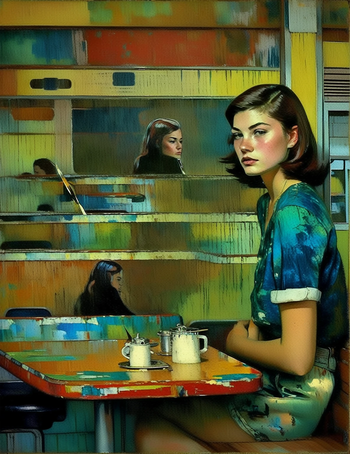 (oil painting:1.2, rough brushstrokes), Young American woman,sitting in a diner,alone,Texas,1950s, in the expressionstic, style of Paul-Gaugin,