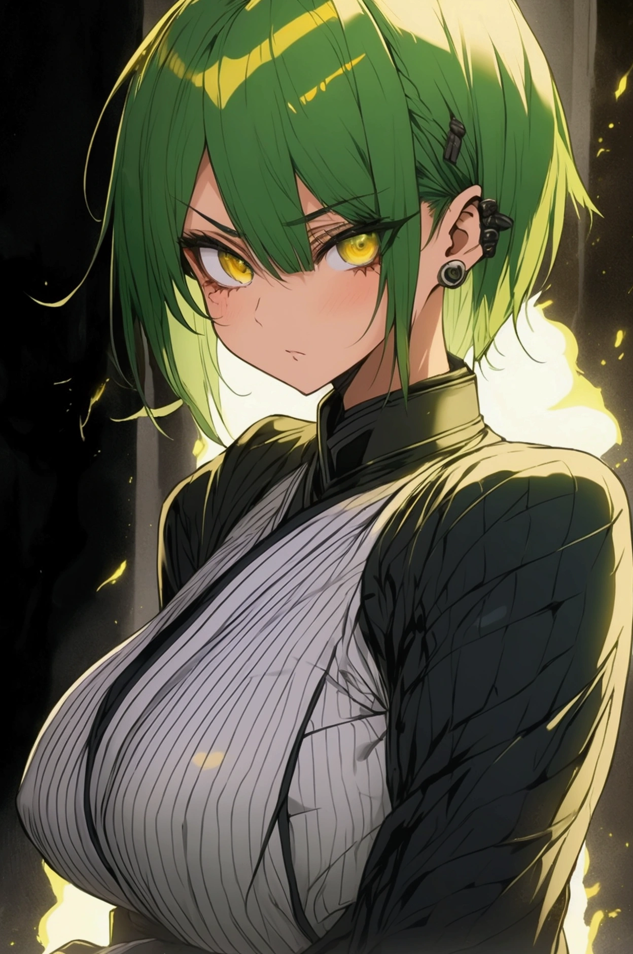 1 girl, palid green hair, amber eyes, short hair, big breast, Yakuza clothes, serius expression