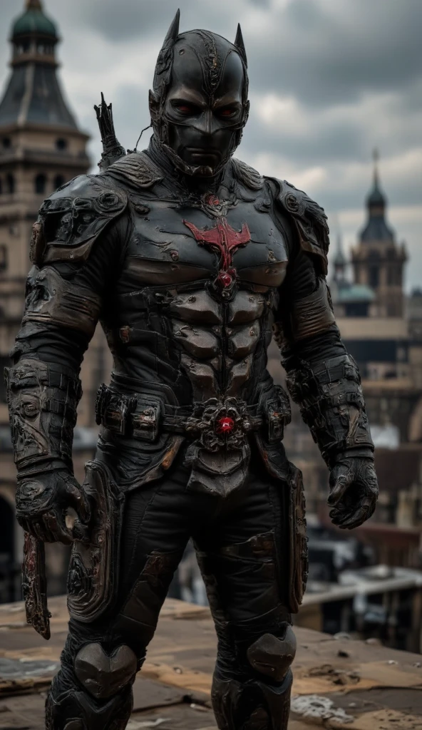 A full-body image of a muscular adult male.black leather full-body image 、face mask and hood, a hooded person in invisible armor . wears leather armor, Tights.epic ninja suit, rogue.Leather fit to cover the whole body. smooth leather .Boy Teenage Assassin , stealth suit , Another World assassin , stand on the roof of a castle. . black night . Dark atmosphere .Low light.Weak lights cast dramatic shadows. Weird Another World atmosphere . Another World city. .whole body image.Handheld composite mechanical giant bow.full body photo.