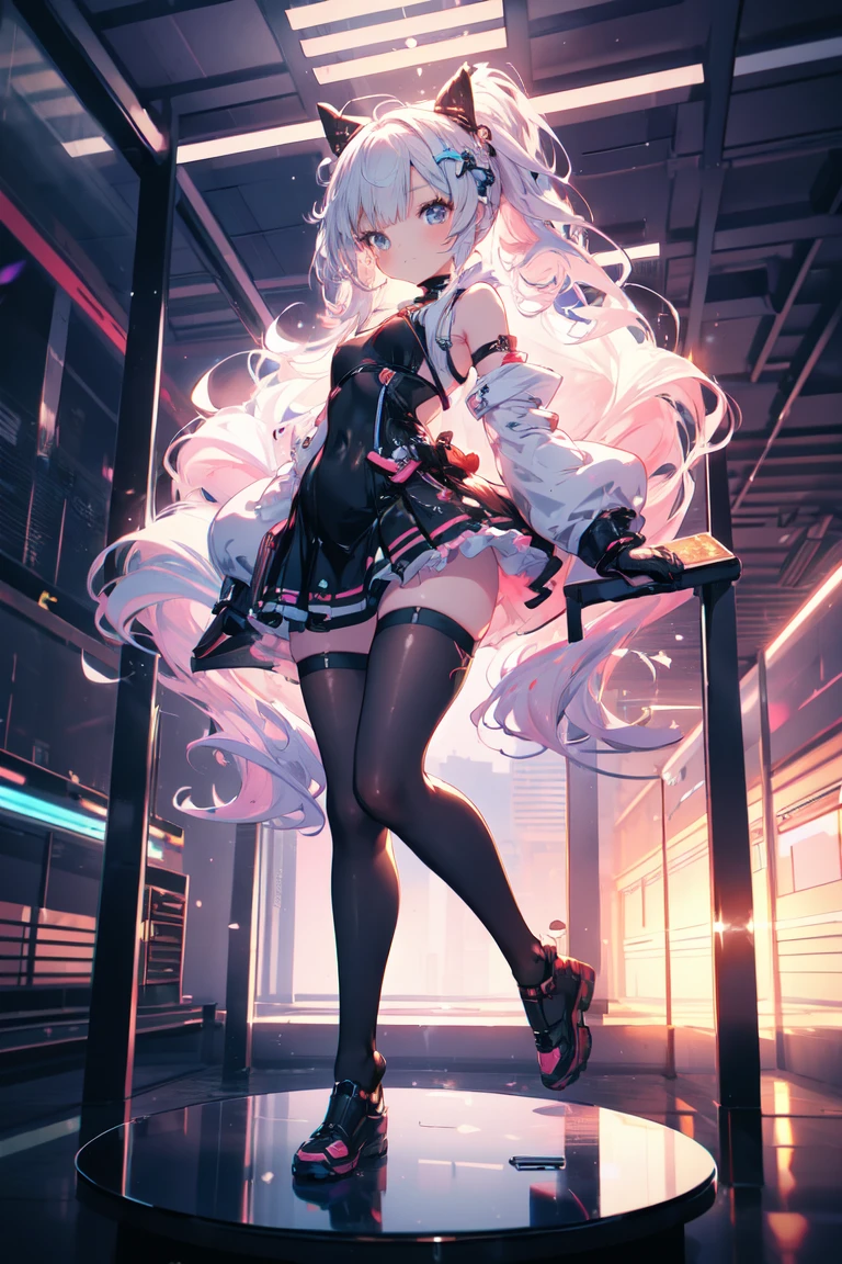 1 girl, small nose,black suspenders,Bulging big,breasts,walls: Black miniskirt,garters,Gaze,Small face,bangss,holster,Beautuful Women,hands up,leg holster,Gaze,black boots panty shot, provocation,flank,flank sweat soio,arm, pose muy sexy,(with sparkling eyes and a contagious smile), very beautiful detailed face and eyes, bright colors, cute face, delicate beautiful face, Bright magenta eyes, cute eyes, sparkling eyes, Big eyes, (big breasts:1.3), (perky chest:1.1), (pointed chest:1.0), medium hips, glamorous body, white skin, smile, thin pubric hair, shiny hair, super beautiful face, Super beautiful eyes, Super beautiful hair，trendy outfit，sexy and attractive，explosion of colors，big hairpin，full body esbian，illegal occupation, Real World, Natural light,perfect Natural light,looking at viewer,