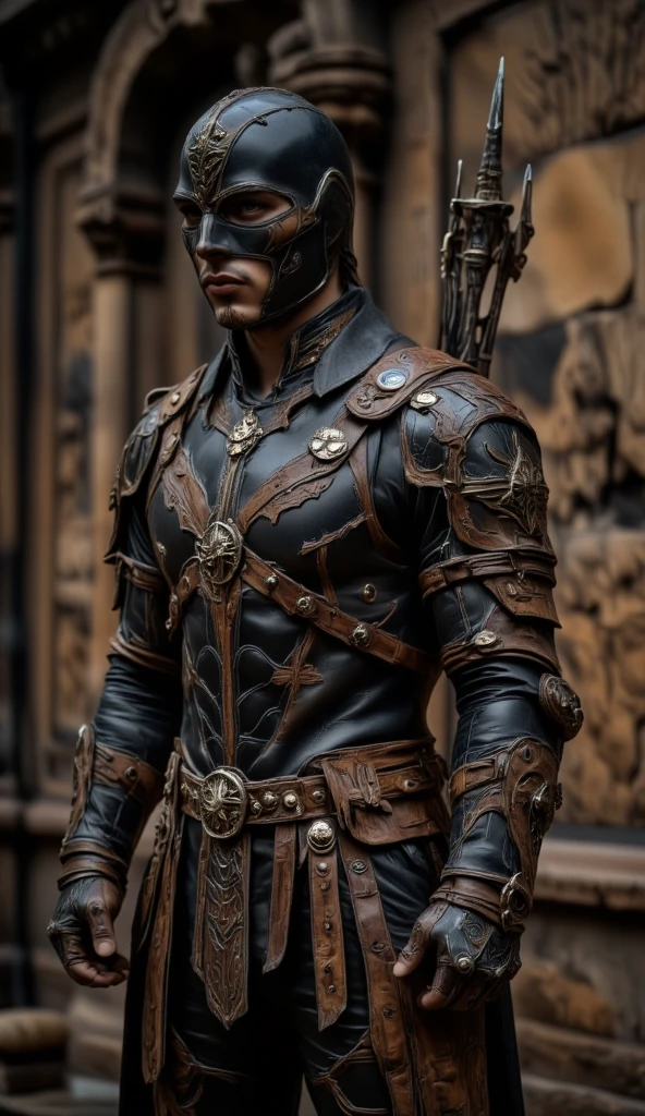 A full-body image of a muscular adult male.black leather full-body image 、face mask and hood, a hooded person in invisible armor . wears leather armor, Tights.epic ninja suit, rogue.Leather fit to cover the whole body. smooth leather .Boy Teenage Assassin , stealth suit , Another World assassin , stand on the roof of a castle. . black night . Dark atmosphere .Low light.Weak lights cast dramatic shadows. Weird Another World atmosphere . Another World city. .whole body image.Handheld composite mechanical giant bow.full body photo.