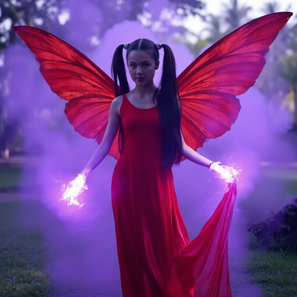 a woman, dark blue hairs long two ponytails, red top and skirt, purple headphones, red wings, red fairy wings, realistic, human body, purple magic