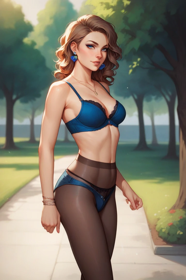 an awesome, complex full-color portrait in Ultra-HD, detailed face, Long hair tied and making a blonde ponytail., blue eyes, Wearing a purple bra and black underwear., He will wear a pair of long black stockings on each leg.., sharp focus, natural lighting, Subsoil Dispersion, F2, 35mm, will be standing, posing sensually, very sexy, with fat legs and wide hips, very small waist, will be found in the city, smiling and with braces, very giant breasts, He will have a brown leather backpack hanging on his back and will wave to the spectators.