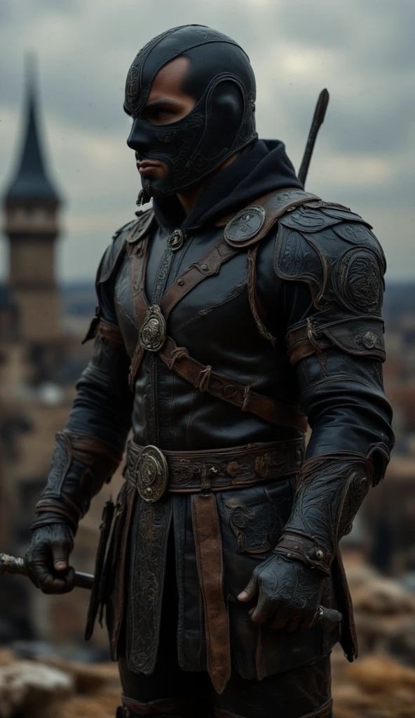 A full-body image of a muscular adult male.black leather full-body image 、face mask and hood, a hooded person in invisible armor . wears leather armor, Tights.epic ninja suit, rogue.Leather fit to cover the whole body. smooth leather .Boy Teenage Assassin , stealth suit , Another World assassin , stand on the roof of a castle. . black night . Dark atmosphere .Low light.Weak lights cast dramatic shadows. Weird Another World atmosphere . Another World city. .whole body image.Handheld composite mechanical giant bow.full body photo.