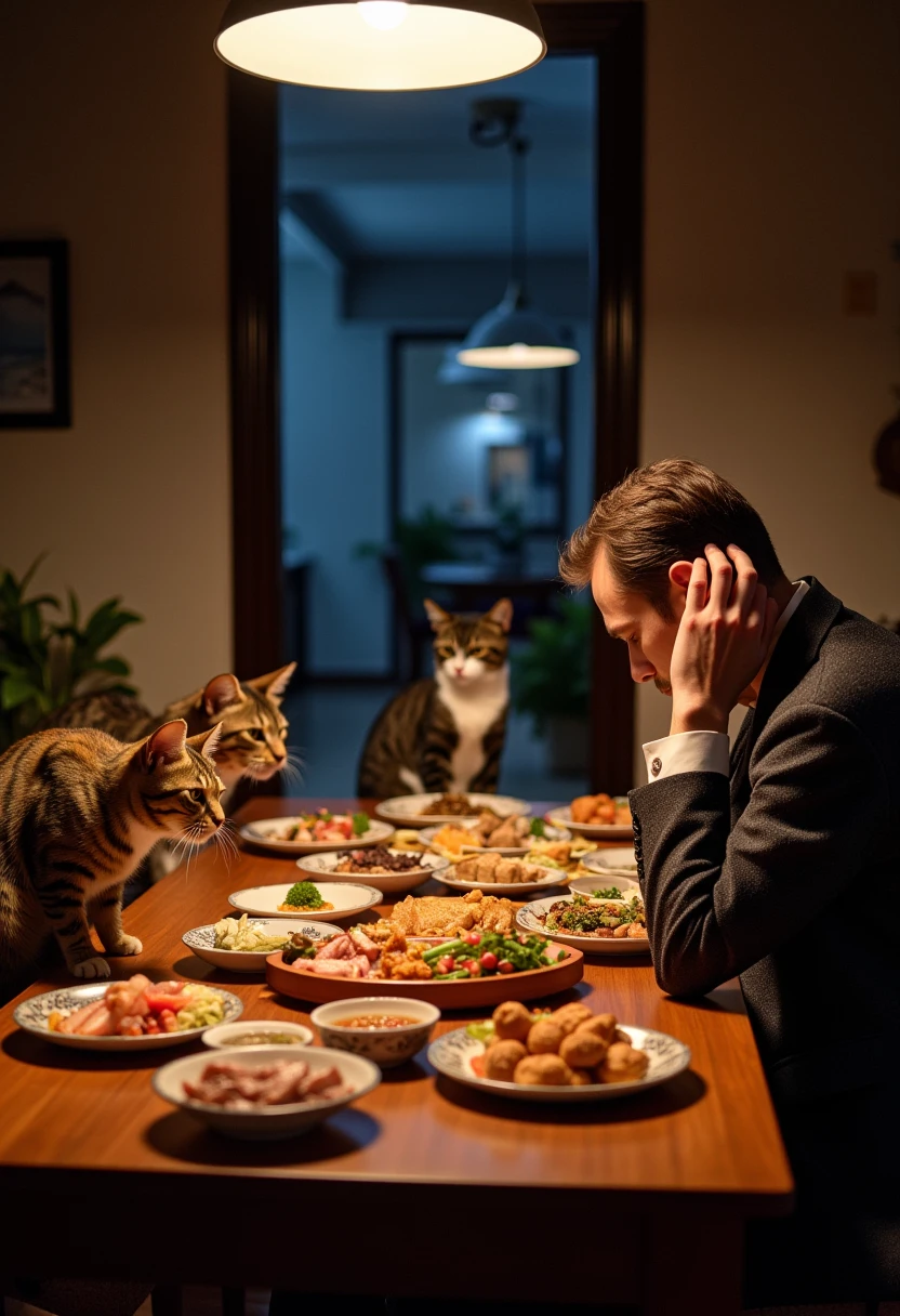  number arranged on the table 々Cuisine、Fish dishes、sushi、Japanese food、Chinese cuisine、 Western food is placed 、 brown tiger cats, black cats, white cats, and calico cats with greedy faces in the back where the food is lined up are actively smelling、The silent pressure of cats 、Man sits on a chair、 back view of a man looking into the cats while scratching his head with his hands 、 slightly elegant night dining table scene 、 A frame at the entrance of a middle class house 。