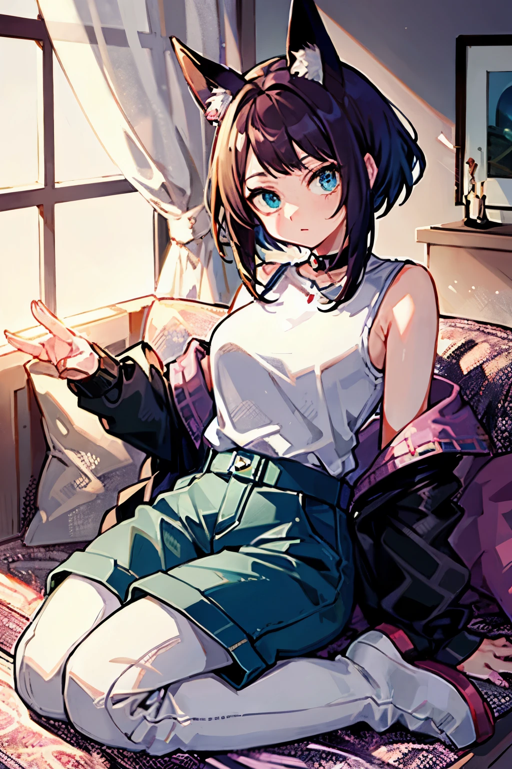 (( better quality)), (( )),  masterpiece, absurdities, ( detailed eyes ,  deep eyes ), (1 girl),  arms crossed, Jirou,  short hair, brown hair with turquoise hair tips,  straight bangs, sideburns, turquoise blue eyes, purple earphones,  Fox ears, long earlobes,  big breasts,  pink shirt, torn shirt,  black jacket ,  pants , boots,  black choker , (inside,  in a living room )