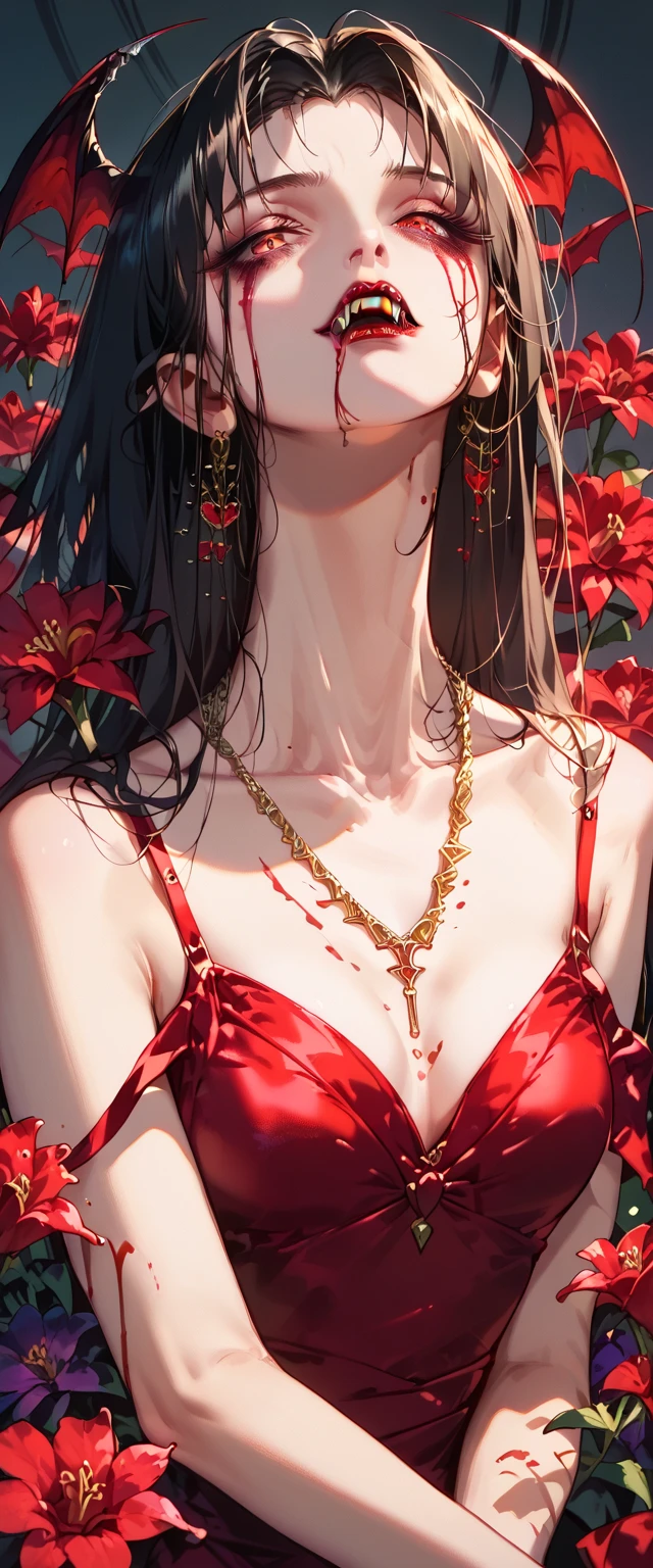 You can see a flat detail of the shoulders, A woman's collarbones and neck , Vampire bite on the neck, blood, has a necklace, nice view, elegant neckline,  elegant dress,  wilted flowers . Detail shot