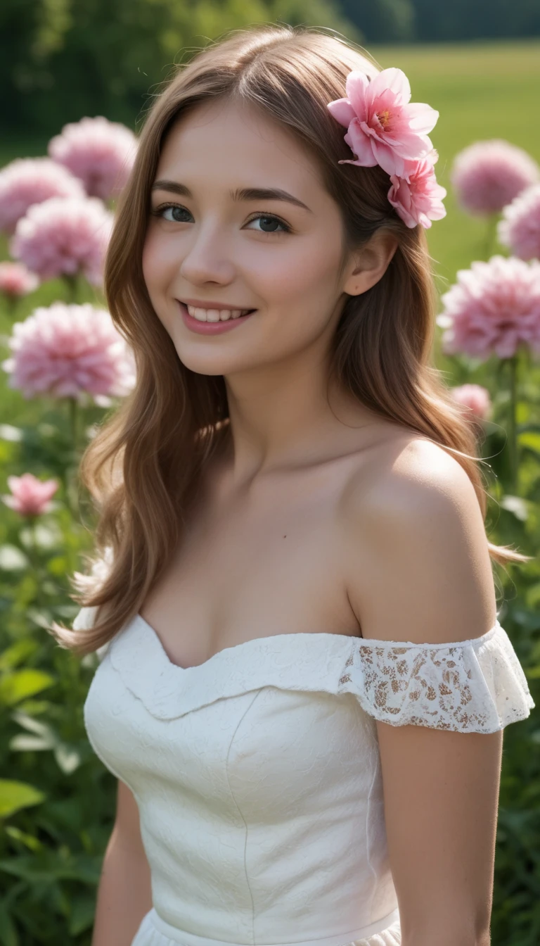 ( top quality ,  master part ,  super high res:1.2),  realistic , photo- realistic  (1.4),  portrait, white dress, Bare shoulders, Field with pink flowers,  growing skin,   Friendly Smiles 