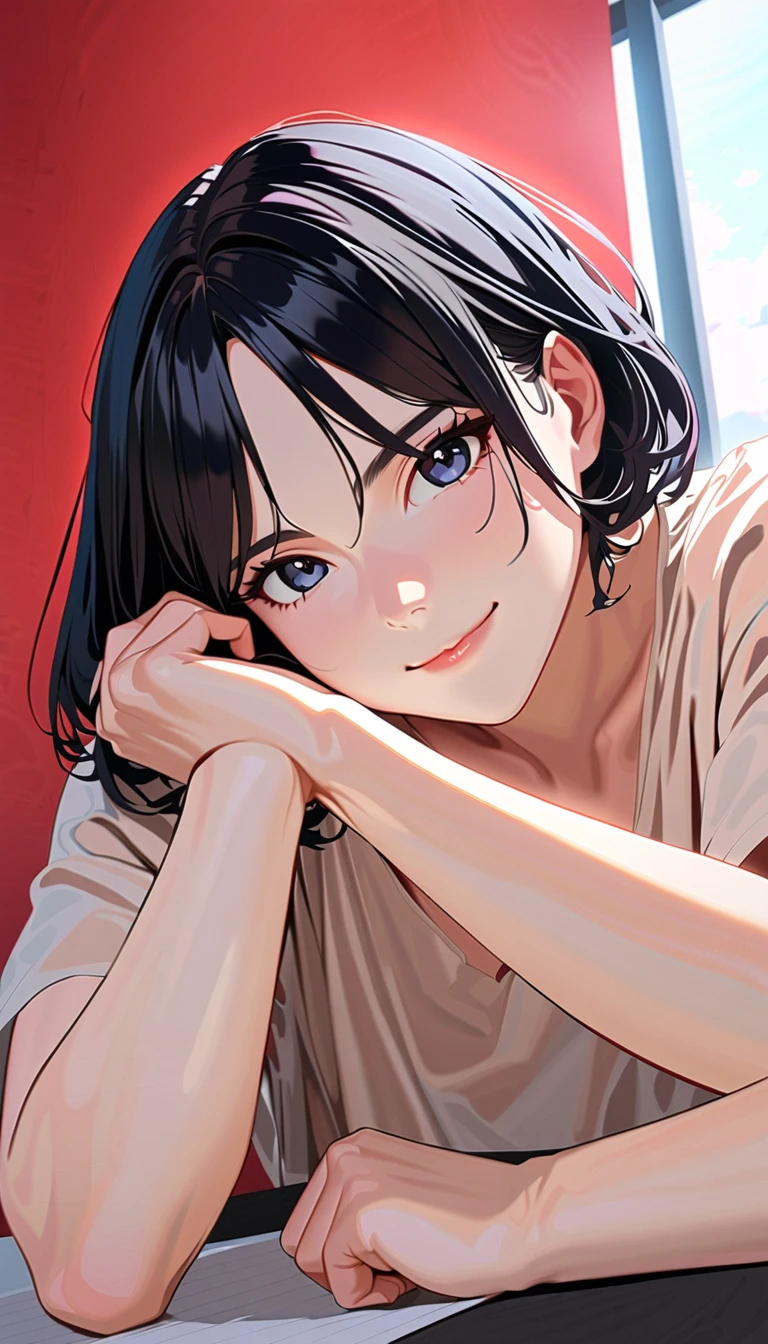 realisticlying、52 year old girl、Strengthen your ace by wearing a yellow polo shirt，Chest super large zoom，Cleavage emphasis，Looking up from the bottom，Blue Shanist&#39;lips are a little red，A sexy，Bed sit，Open your mouth wide、Put your arms around the back of your head、Wearing underwear