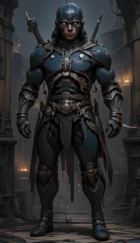 A full-body image of a muscular adult male.black leather full-body image 、face mask and hood, a hooded person in invisible armor . wears leather armor, Tights.epic ninja suit, rogue.Leather fit to cover the whole body. smooth leather .Boy Teenage Assassin , stealth suit , Another World assassin , stand on the roof of a castle. . black night . Dark atmosphere .Low light.Weak lights cast dramatic shadows. Weird Another World atmosphere . Another World city. .whole body image.Handheld composite mechanical giant bow.full body photo.FANTASY
