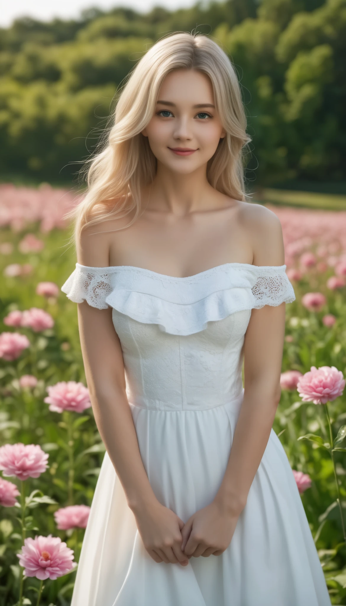 ( top quality ,  master part ,  super high res:1.2),  realistic , photo- realistic  (1.4),  portrait, white dress, Bare shoulders, Field with pink flowers,  growing skin,   Friendly Smiles 