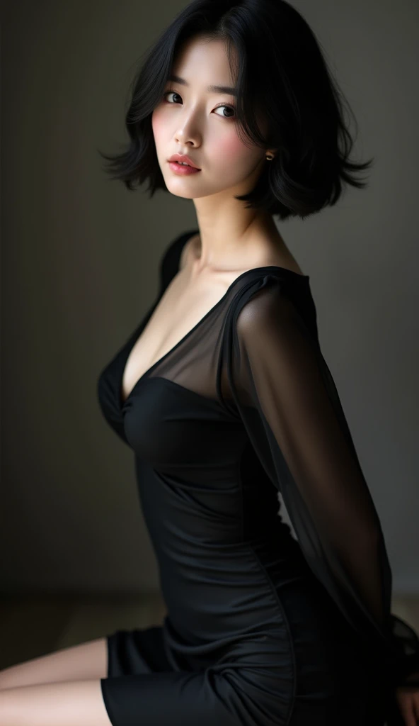 8K, Ultra-high resolution, Highest quality, masterpiece, 三分割法によるphotograph,Surreal, photograph, 1 Girl, (16 years old:1.3), pretty girl, Cute face, Beautiful eyes in every detail, 細かくdetailedに,masterpiece,One Girl:1.2, Japan Female Announcer,overhead shot,Legs slightly open,black silk dress,Deep slit,pulling up the hem,Black Hair,Bob with bangs,Delicate and smooth skin, Realistic Skin, Skin with attention to detail, Perfect limbs、Narrow waist、Thin legs、Browsing Caution,Beautiful leg line beauty,Looking at the audience,beauty,Long neck、(((Ideal body type))),A cup small breasts :2,、Portraiture:2、Perfect Anatomy、鮮明なdetailed、detailed、Surreal、Light and shadow,Strong light