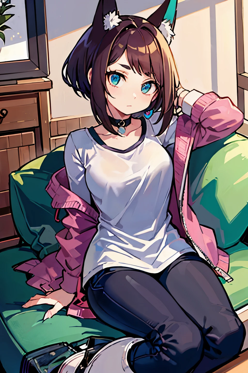 (( better quality)), (( )),  masterpiece, absurdities, ( detailed eyes ,  deep eyes ), (1 girl),  arms crossed, Jirou,  short hair, brown hair with turquoise hair tips,  straight bangs, sideburns, turquoise blue eyes, purple earphones,  Fox ears, long earlobes,  big breasts,  pink shirt, torn shirt,  black jacket ,  pants , boots,  black choker , (inside,  in a living room ), brown hair with blue at the tips