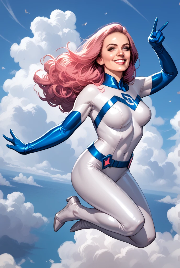 Sexy jessica jones,flying in the clouds,thight suit,pink hair,smiling,blue gloves,