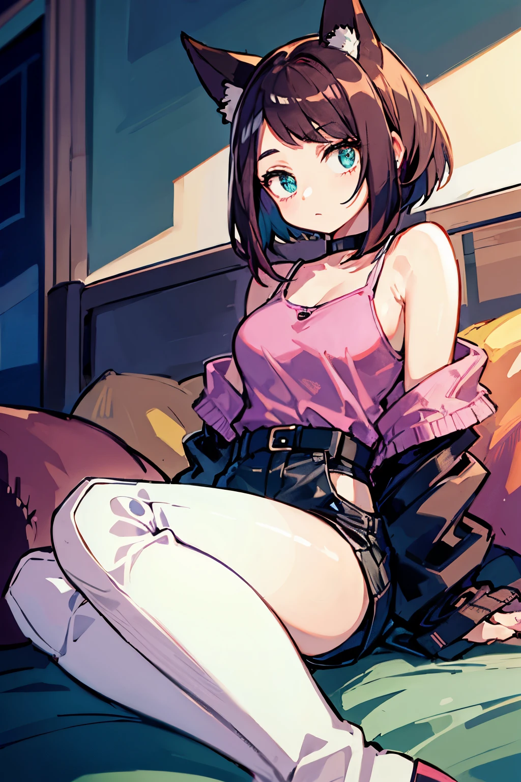 (( better quality)), (( )),  masterpiece, absurdities, ( detailed eyes ,  deep eyes ), (1 girl),  arms crossed, Jirou,  short hair, brown hair with turquoise hair tips,  straight bangs, sideburns, turquoise blue eyes, purple earphones,  Fox ears, long earlobes,  big breasts,  pink shirt, torn shirt,  black jacket ,  pants , boots,  black choker , (inside,  in a living room ), brown hair with blue at the tips