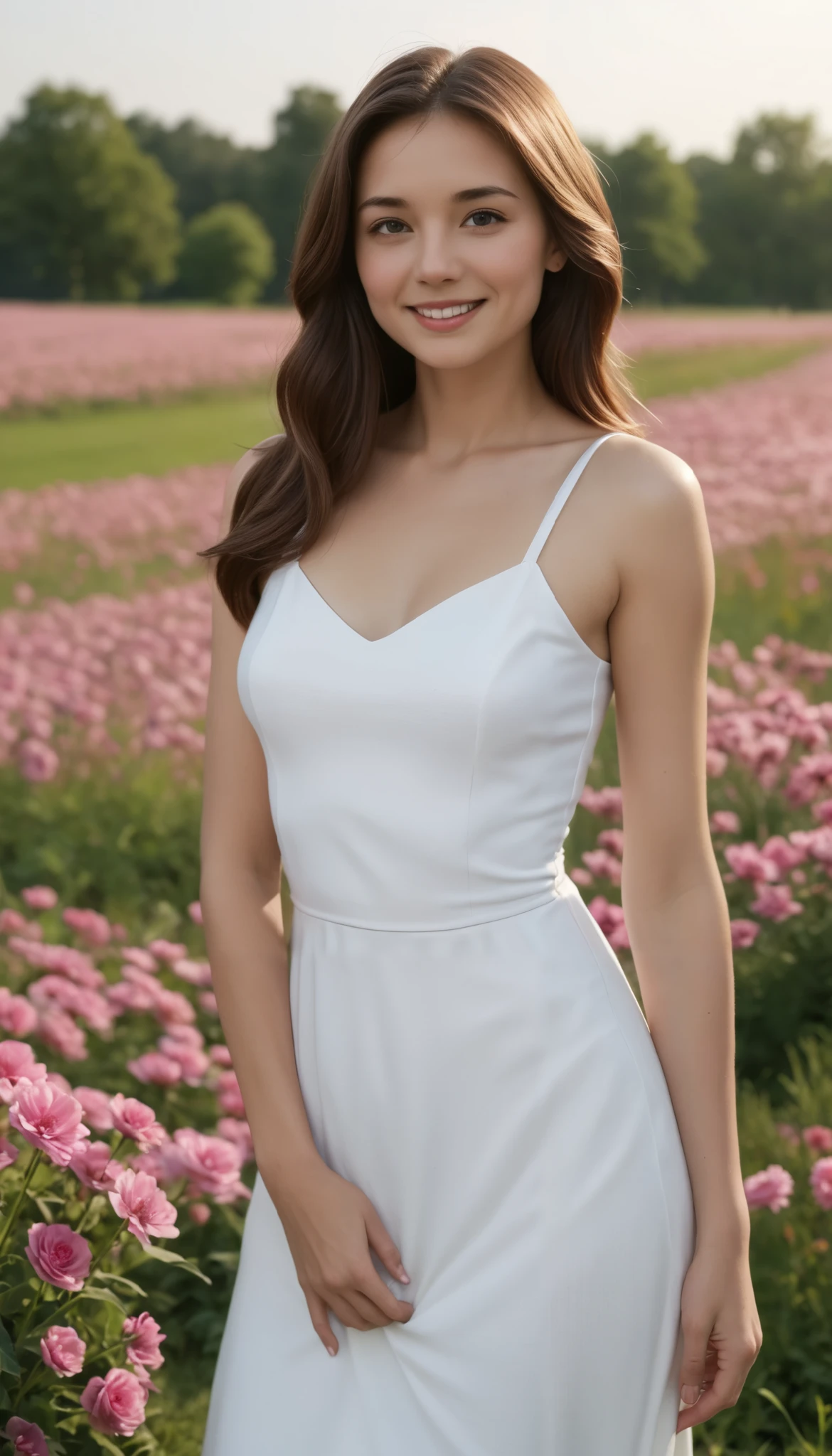 ( top quality ,  master part ,  super high res:1.2),  realistic , photo- realistic  (1.4),  portrait, white dress, Bare shoulders, Field with pink flowers,  growing skin,   Friendly Smiles 