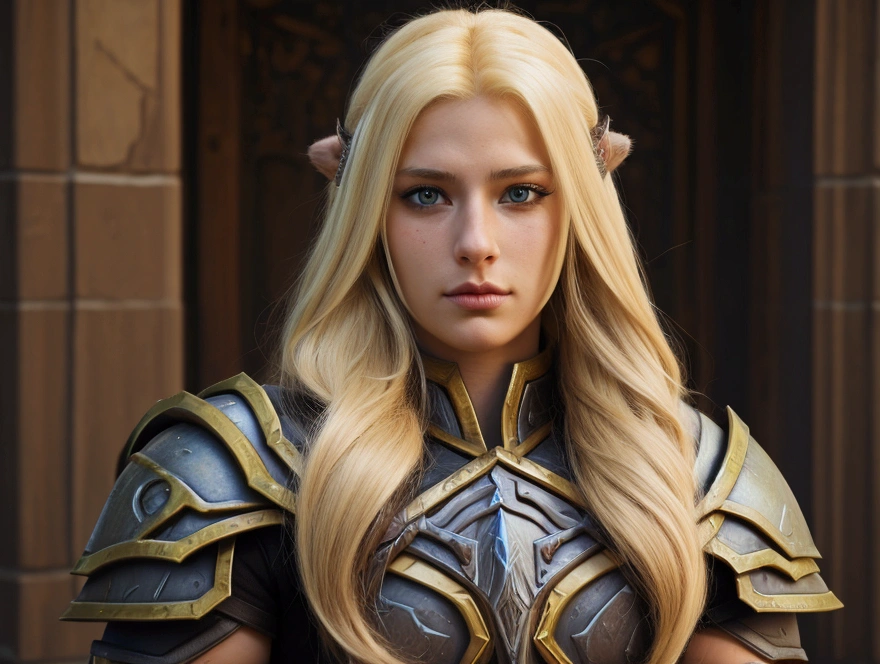 Realistic long-haired blonde girl wearing tier 6 warrior armor from the game (World of Warcraft)