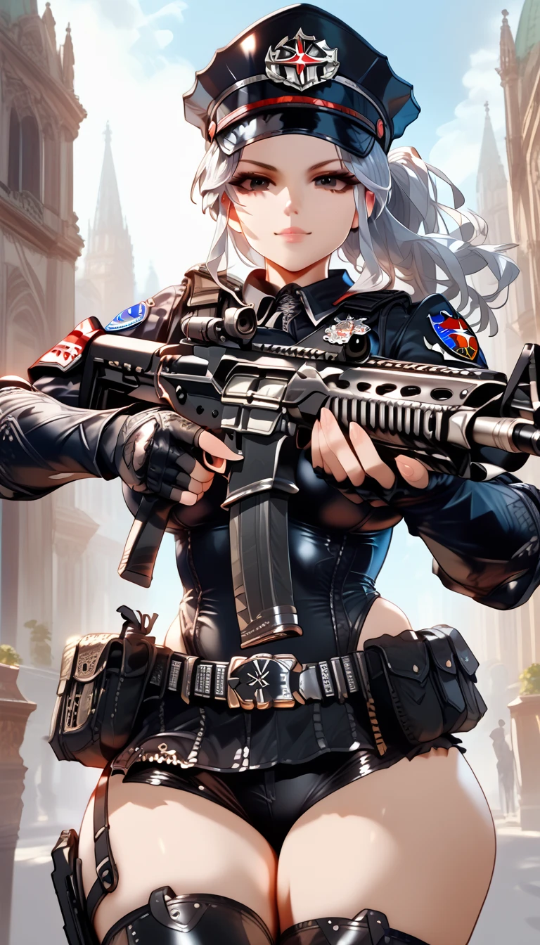 ultra-detailed, 1girl, solo, ((masterpiece)), (best quality), (highres), 16K, black eyes, silver hair, long hair, peaked cap, wearing police uniform, fingerless gloves, tactical belt, knee pads, black thong, boots, busty body, large breasts, showcasing cleavage, legs, hips, (holding assault rifle), looking at viewer, smile, detailed face, detailed hair, detailed whole body, streets background