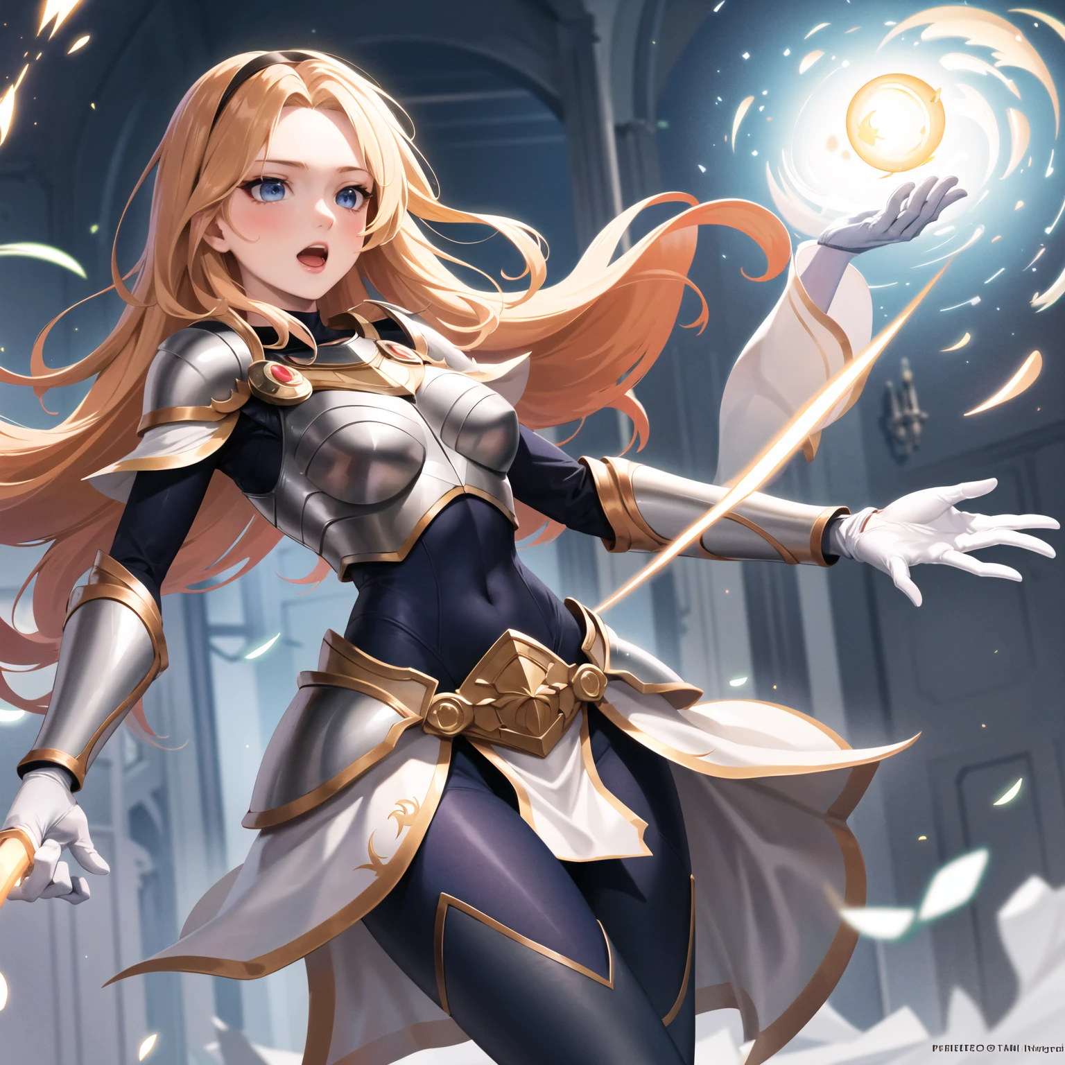 masterpiece, best quality, highres, lux1, long hair, 1girl, solo, armor, breastplate, bodysuit, gloves, white gloves, boobplate, magic, spell, open mouth,