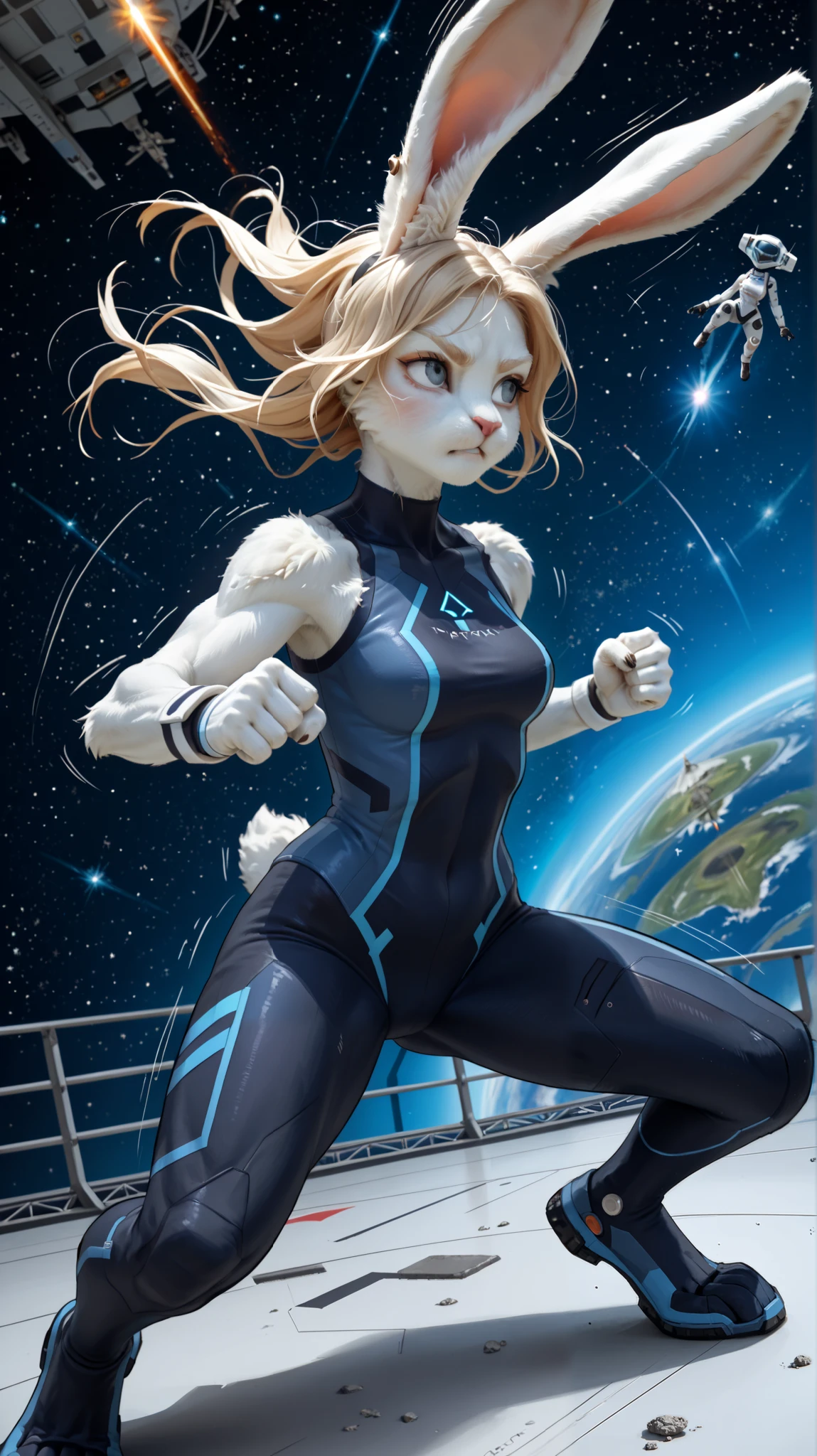 (zPDXL2), (PonyXLV6_Scores), rating_safety, Expressiveh, full body shot, BREAK
lhata4564, d3t41l3d, 
1girl,furry anthro rabbit, wearing sleeveless one-piece bodysuit, living on Space orbital station, ((zero gravity, fighting, high speed, motion lines, motion, action pose)) 