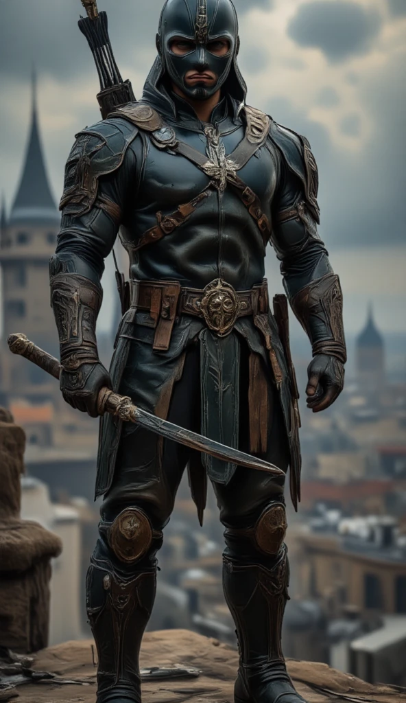 A full-body image of a muscular adult male.black leather full-body image 、face mask and hood, a hooded person in invisible armor . wears leather armor, Tights.epic ninja suit, rogue.Leather fit to cover the whole body. smooth leather .Boy Teenage Assassin , stealth suit , Another World assassin , stand on the roof of a castle. . black night . Dark atmosphere .Low light.Weak lights cast dramatic shadows. Weird Another World atmosphere . Another World city. .whole body image.Handheld composite mechanical giant bow.full body photo.FANTASY
