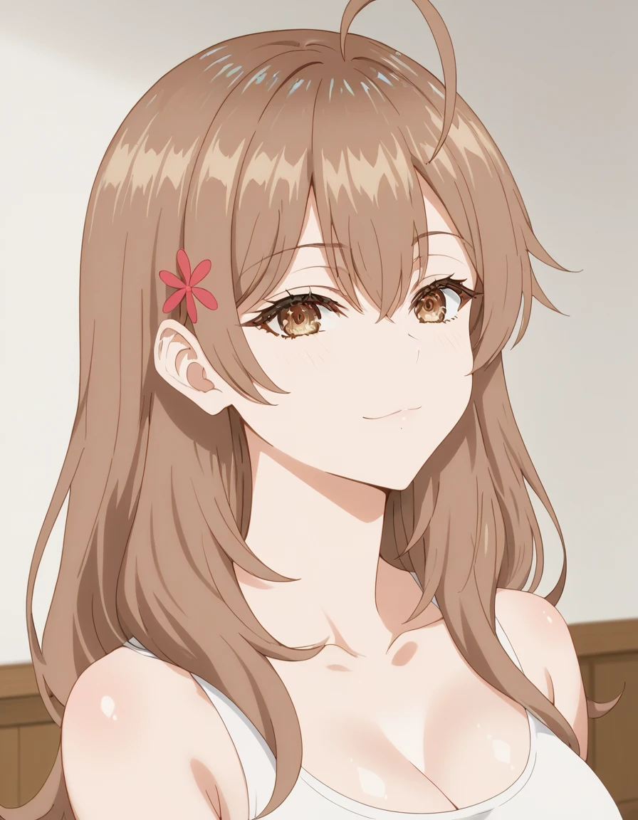 showing big breasts, source_anime, mariamikhailovnakujou,mariamikhailovnakujou, long hair, bangs, brown hair, hair ornament, hair between the eyes, brown eyes, Ahoge, masterpiece, best quality, girl, beautiful face, clean skin, shiny hair, shiny skin, relista perfect beautiful face, perfect eyes high quality realistic shine, best quality, very aesthetic, absurd, perfect body quality,absurdly beautiful curves, perfect,