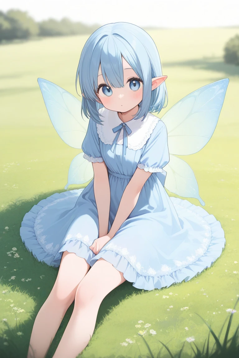 Girl with fairy wings 。Wear a grass blue dress with ruffles、Sitting on the grass。