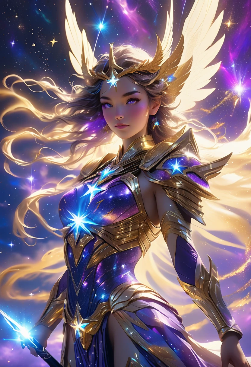 A stunning depiction of a cosmic Valkyrie floating in a vibrant celestial battlefield. Her glowing wings shimmer with ethereal blue and purple energy, and her spear crackles with star-like light. She wears a mix of ornate golden armor and flowing cosmic fabric that radiates a sense of divine power. The background features swirling galaxies, shooting stars, and vibrant nebulae in hues of deep blues, purples, and radiant gold. Streaks of cosmic lightning and glowing dust clouds add a dynamic sense of movement to the scene. Negative prompts: dull colors, static poses, cluttered composition, lack of lighting effects